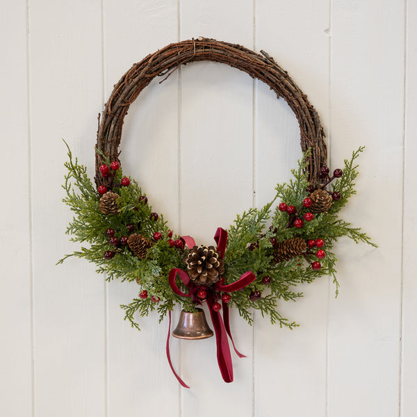 Twig Wreath With Red Berry, Pinecones with Bells and Bow Detail