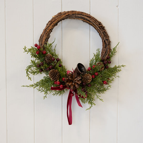 Twig Wreath With Red Berry, Pinecones with Bells and Bow Detail