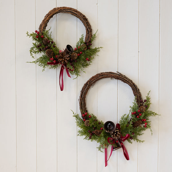 Twig Wreath With Red Berry, Pinecones with Bells and Bow Detail