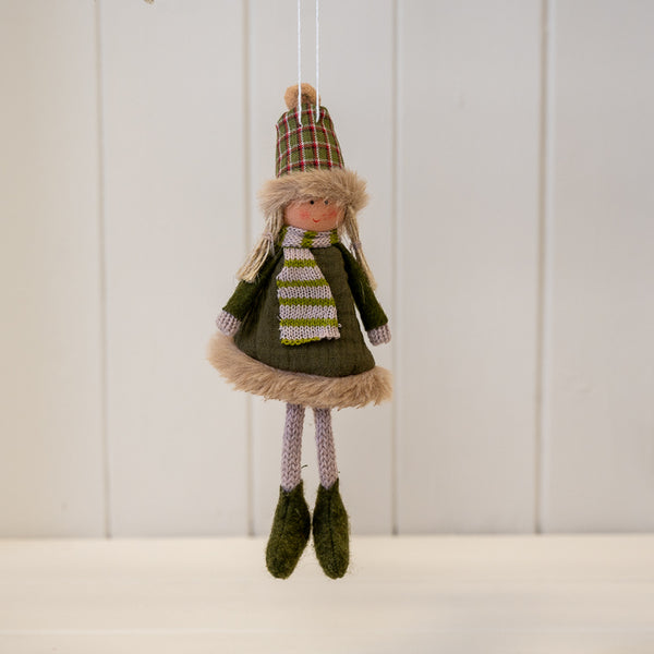 Fabric Hanging Girl in Winter Outfit Green and Brown
