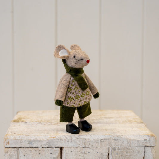 Fabric Standing Boy Mouse in Cloggs Green and Brown