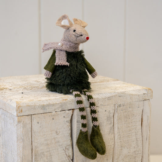 Fabric Sitting Mouse In Winter Outfit in Green
