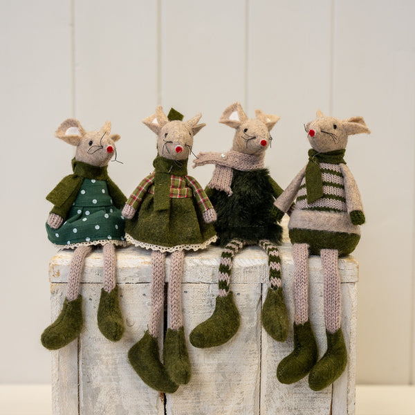 Fabric Sitting Mouse In Winter Outfit in Green