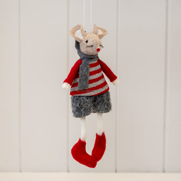 Fabric Hanging Boy Mouse in Red and Grey Stripey Outfit