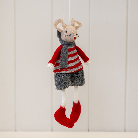 Fabric Hanging Boy Mouse in Red and Grey Stripey Outfit