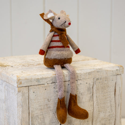 Fabric Sitting Boy Mouse In Red and Brown Stripey Outfit