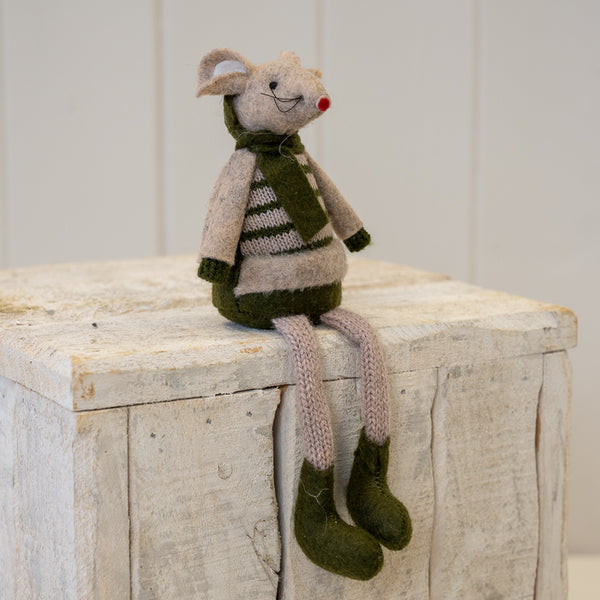 Fabric Sitting Boy Mouse In Green and Brown Stripey Outfit