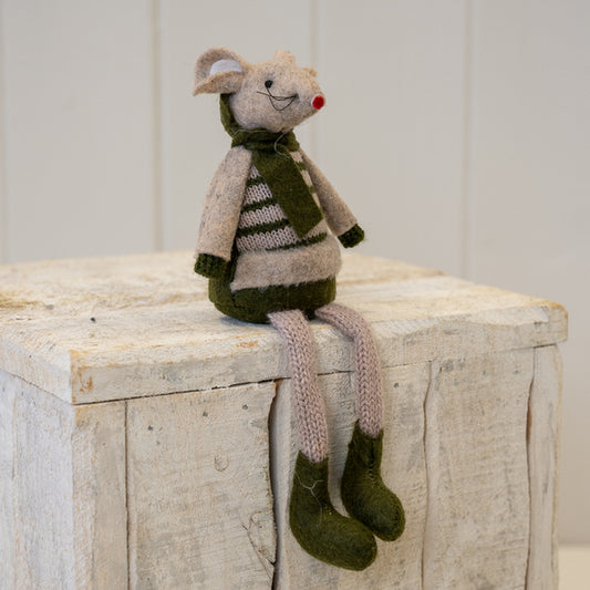Fabric Sitting Boy Mouse In Green and Brown Stripey Outfit