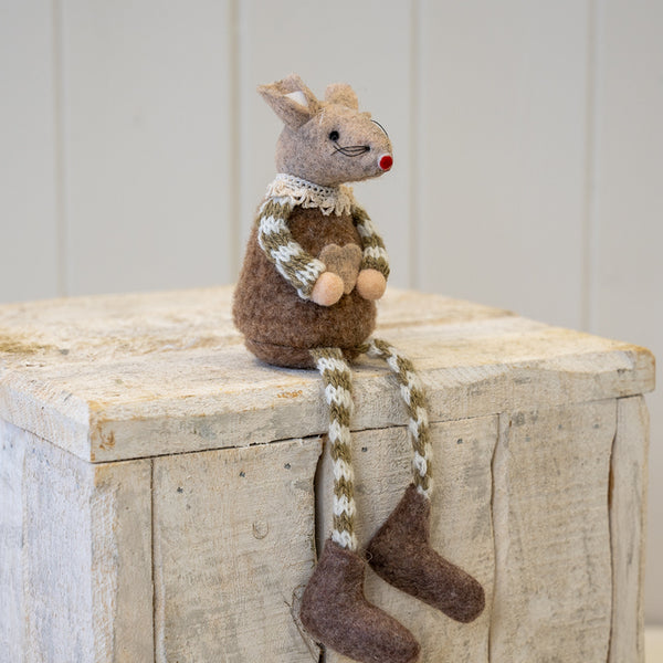 Fabric Sitting Mouse with Heart Detail Brown