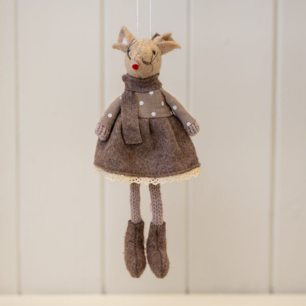 Fabric Hanging Mouse in Brown Outfit
