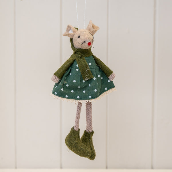 Fabric Hanging Mouse in Green Outfit