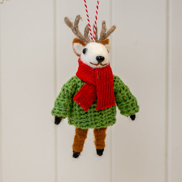 Felt Hanging Reindeer with Green Sweater and Red Scarf