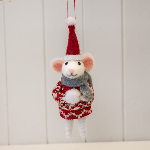 Felt Hanging Mouse in Christmas Sweater and Santa Hat