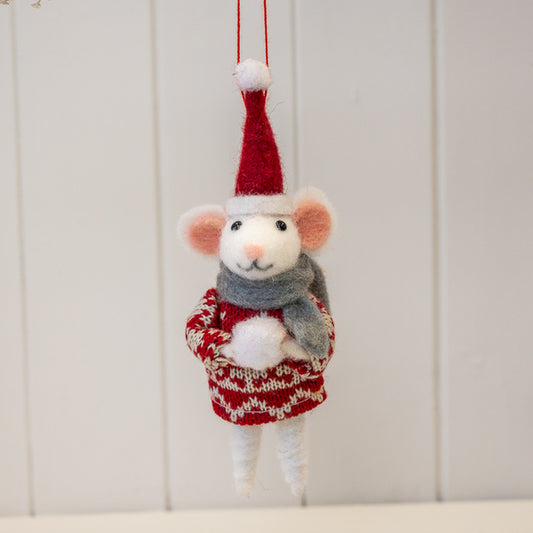 Felt Hanging Mouse in Christmas Sweater and Santa Hat