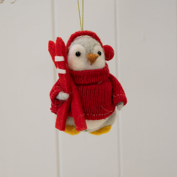 Felt Hanging Skiing Penguin in Red Sweater