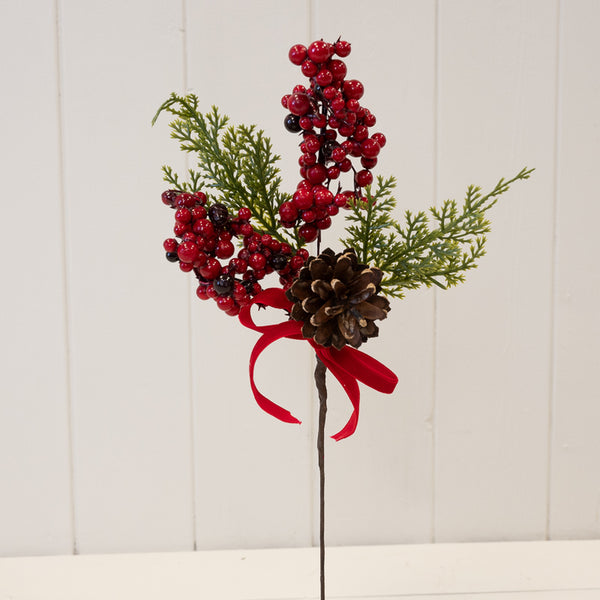 Red Berry and Pinecone Pick with Red Ribbon