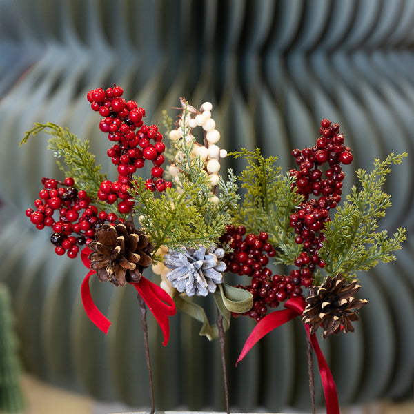 Red Berry and Pinecone Pick with Red Ribbon
