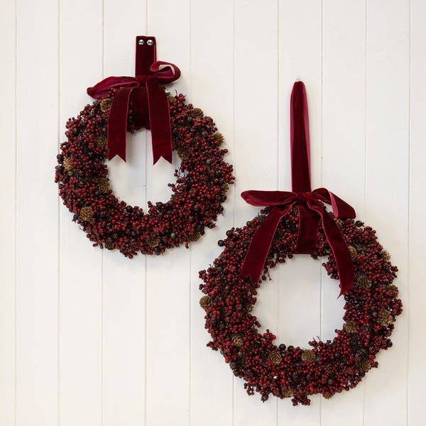 Luxury Wreath Burgundy Berry with Mini Pinecone and Velvet Ribbon Bow Medium