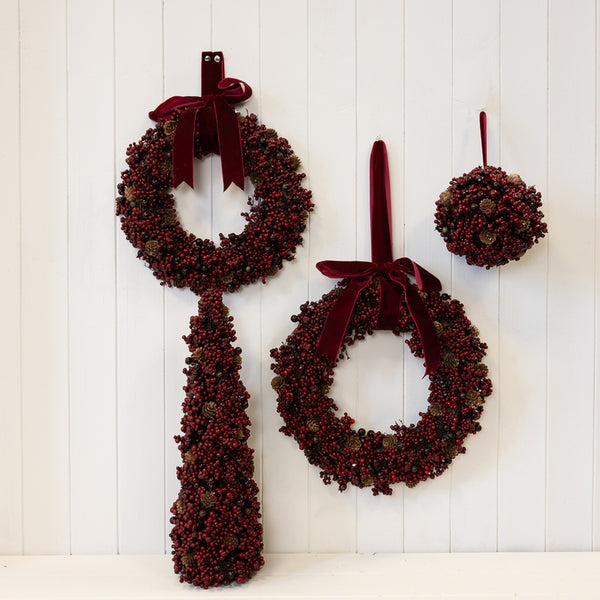 Luxury Wreath Burgundy Berry with Mini Pinecone and Velvet Ribbon Bow Medium