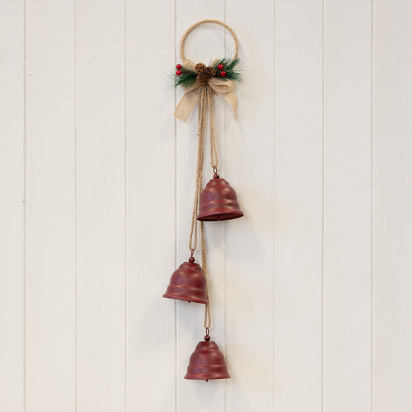 Hanging Trio of Red Bells on Hoop