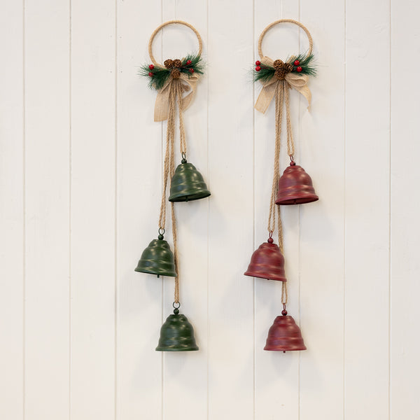 Hanging Trio of Red Bells on Hoop