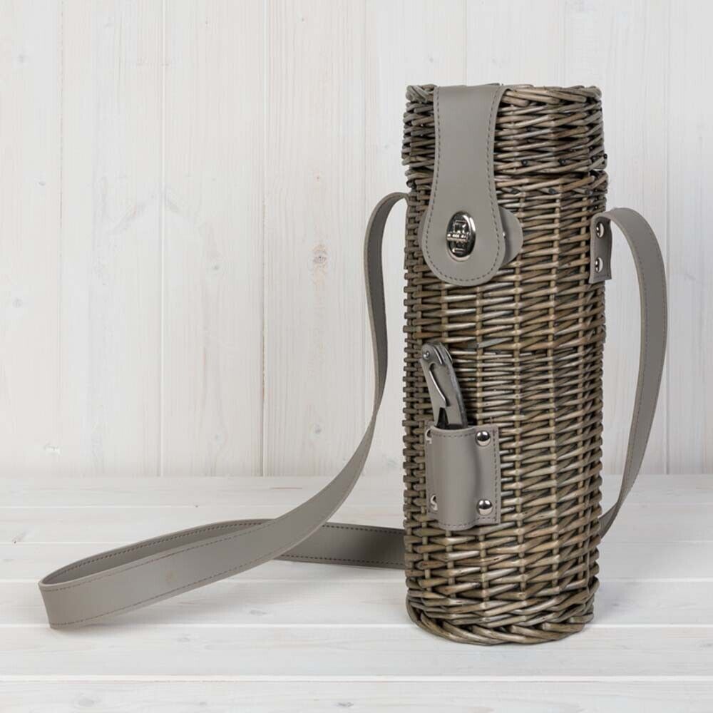 Wine Bottle Carrier & Opener with Woven Willow Case and Strap Handle